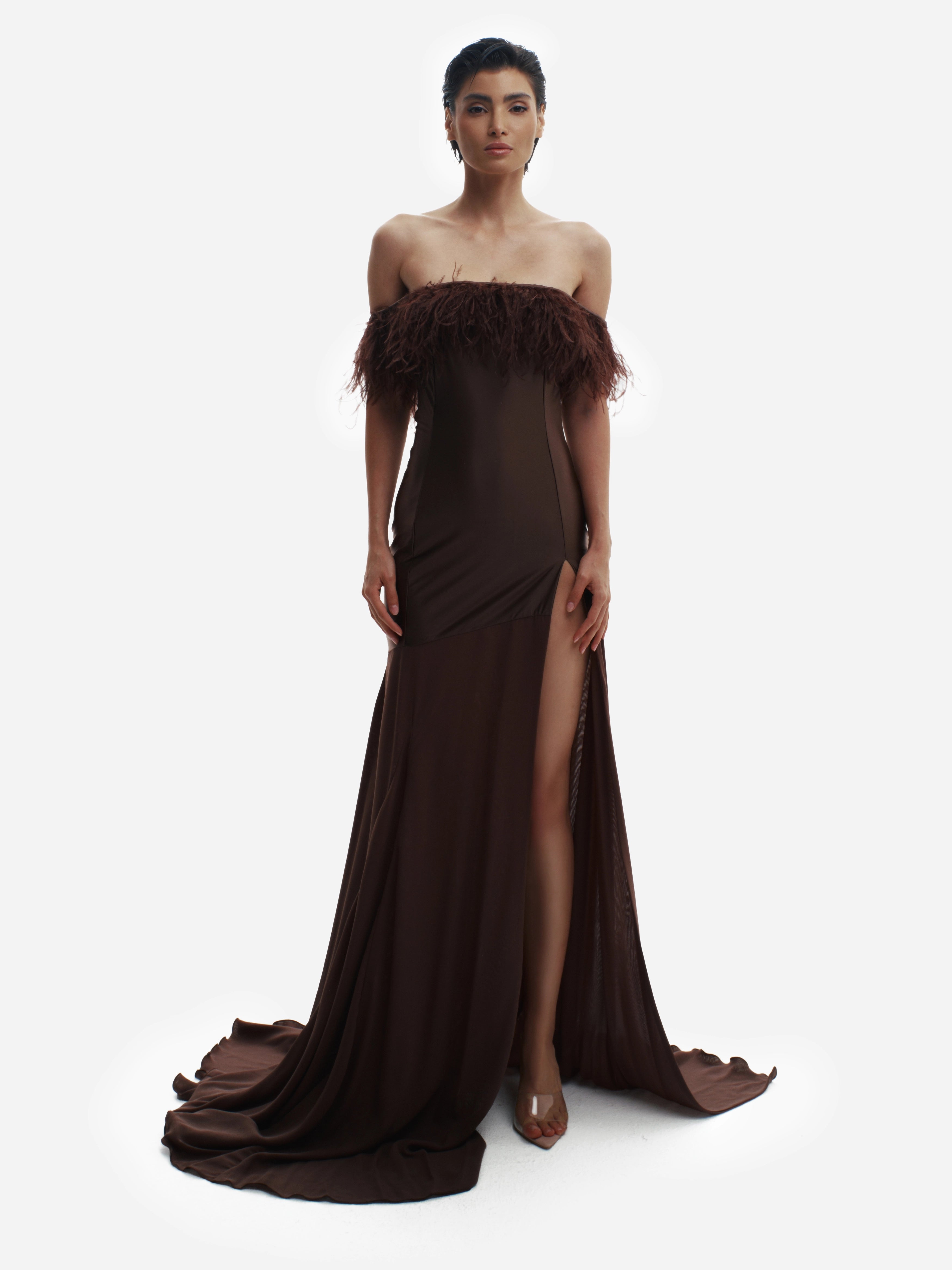 Woman wearing a brown strapless gown with feathered top on a white background