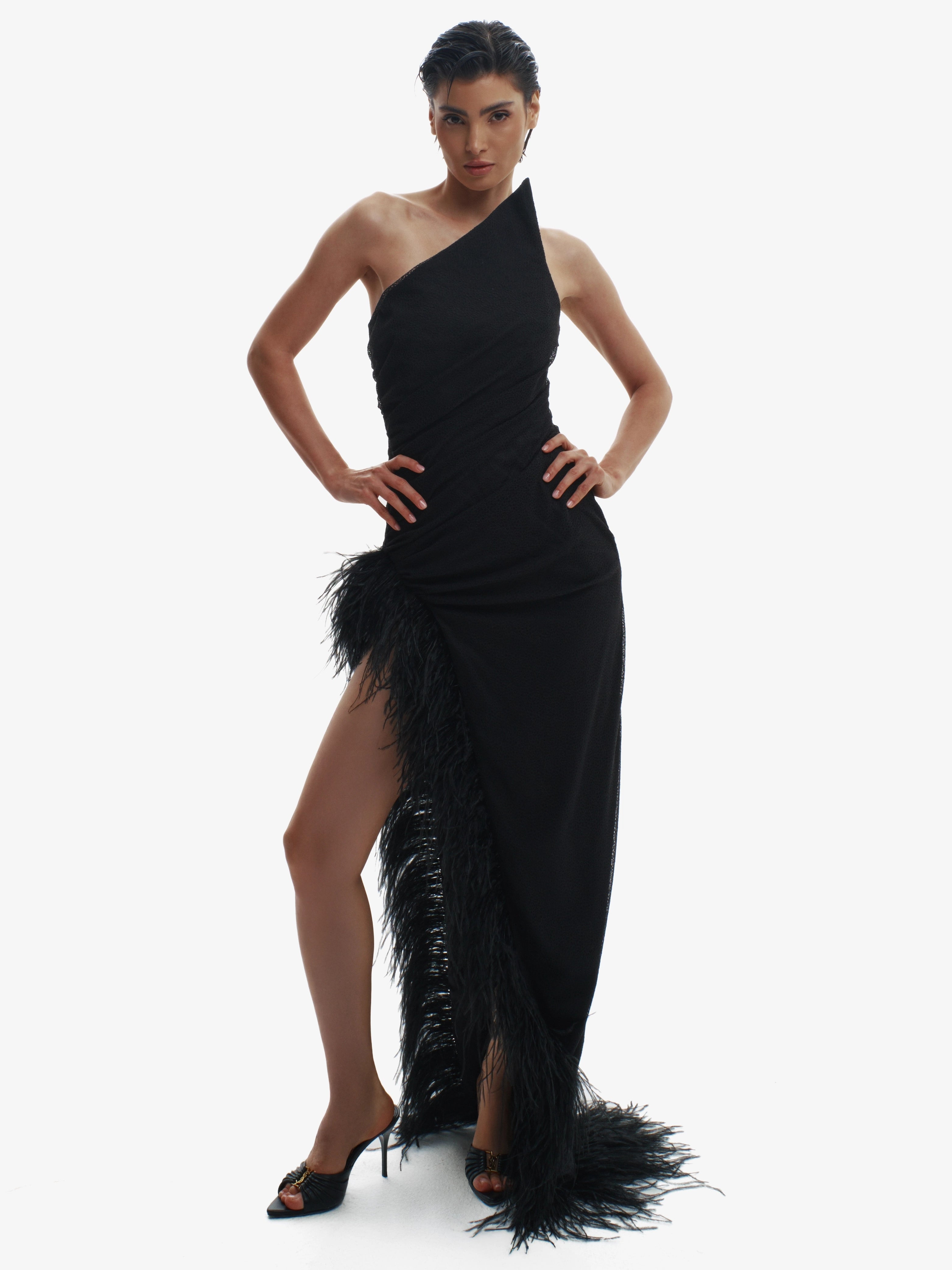 Woman wearing a black one-shoulder dress with feather details on a white background