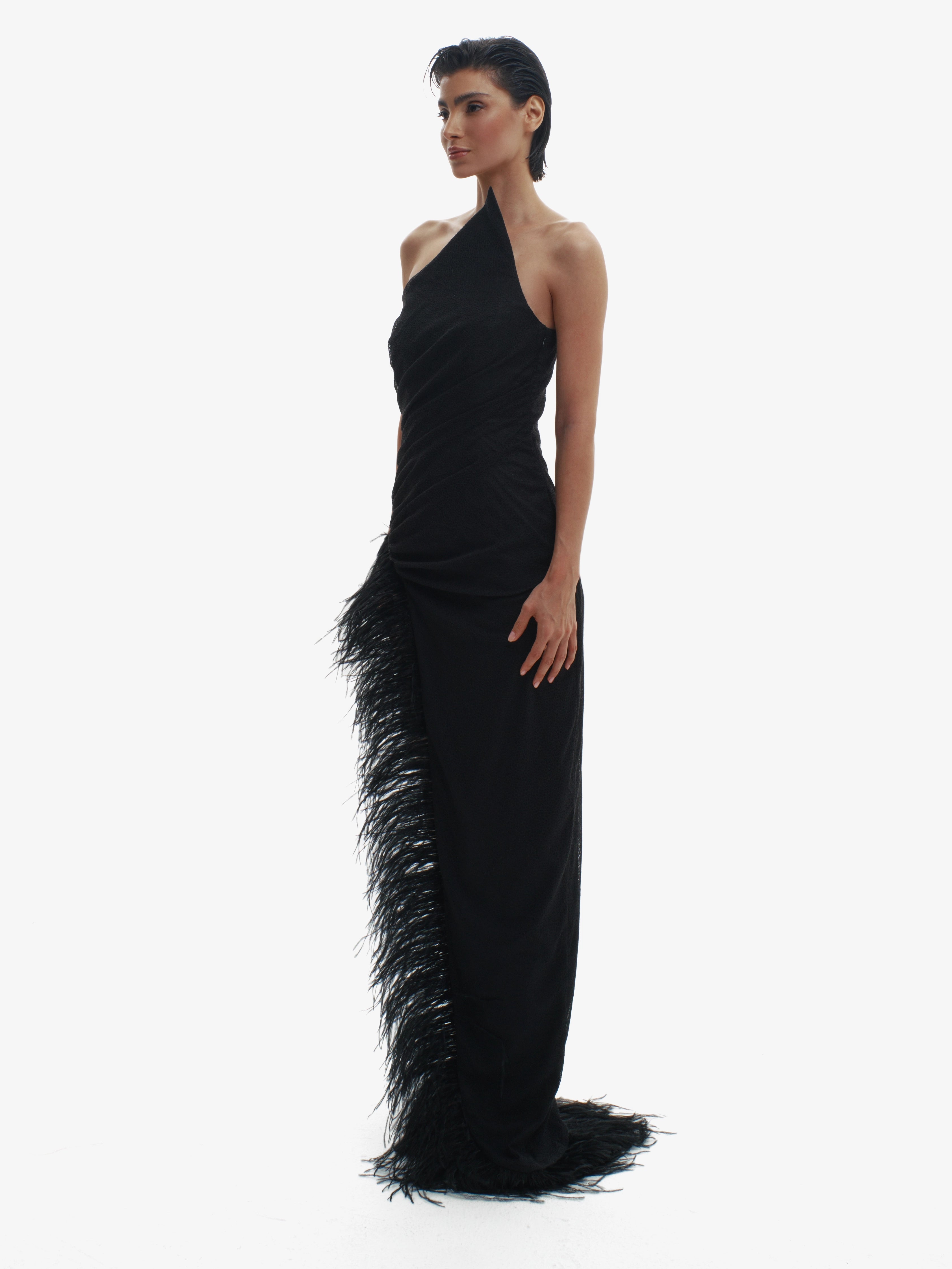Woman wearing a black evening gown with feather details on a white background