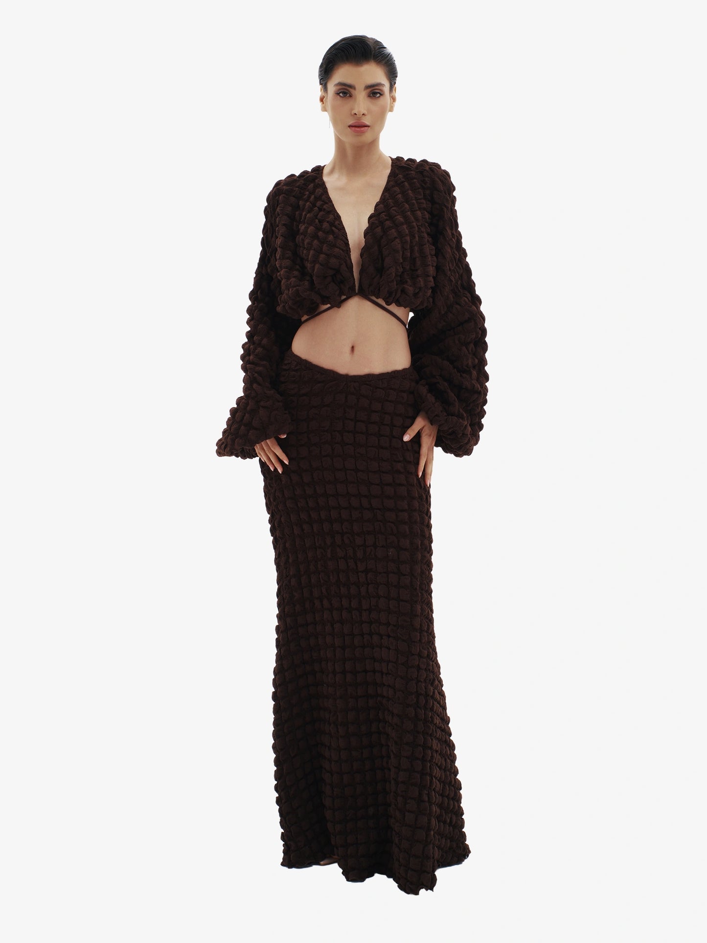 Brown knit maxi dress, ultimate comfortable luxury, effortless minimalist style.
