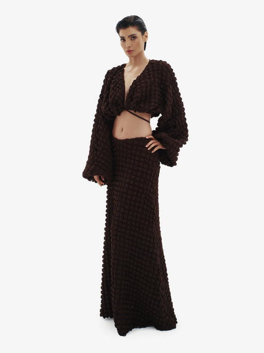 Brown knit maxi dress, ultimate comfortable luxury, effortless minimalist style.