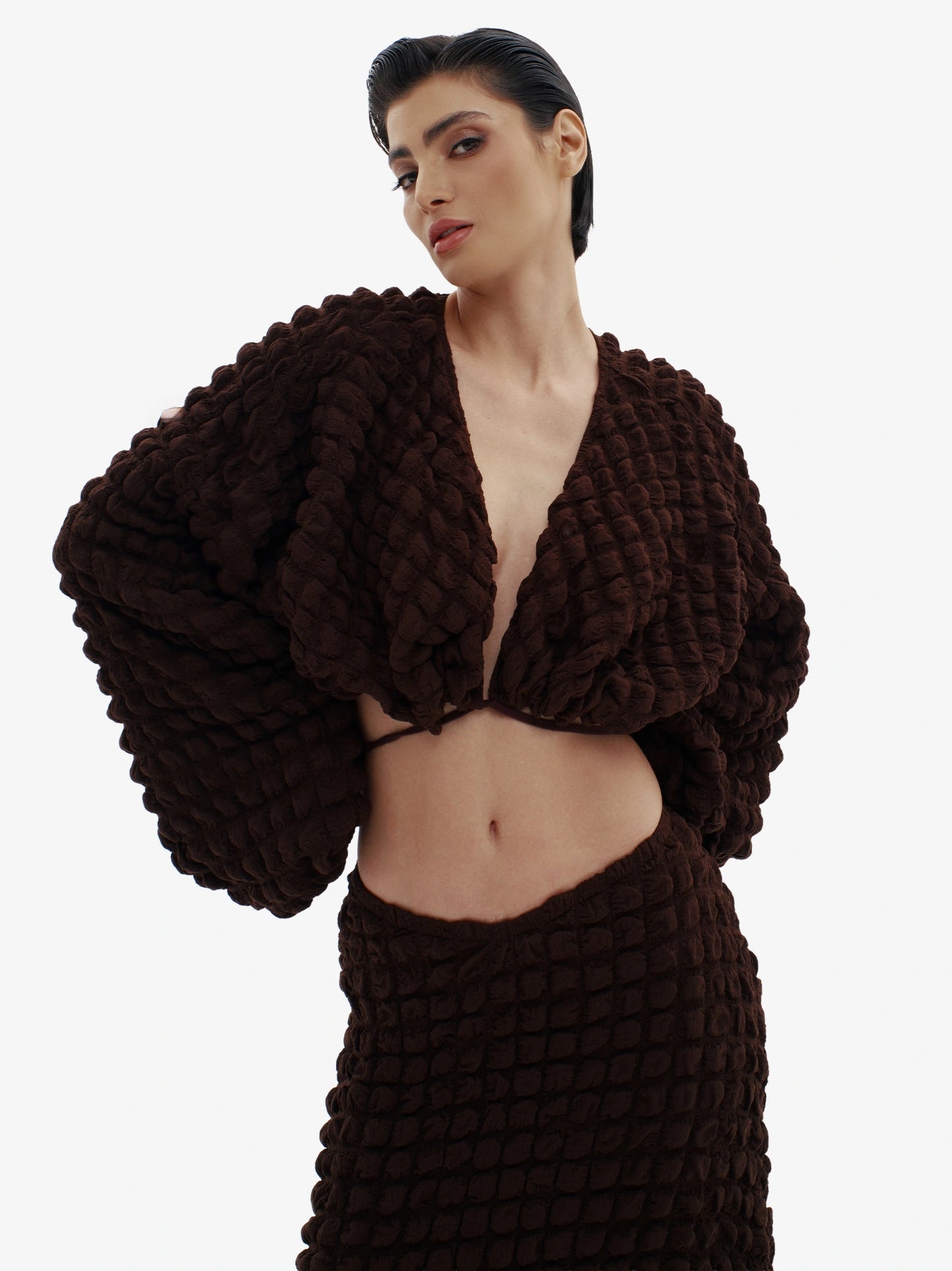 Brown knit maxi dress, ultimate comfortable luxury, effortless minimalist style.