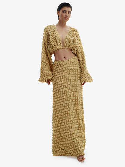 Mustard knit maxi dress, ultimate comfortable luxury, effortless minimalist style.