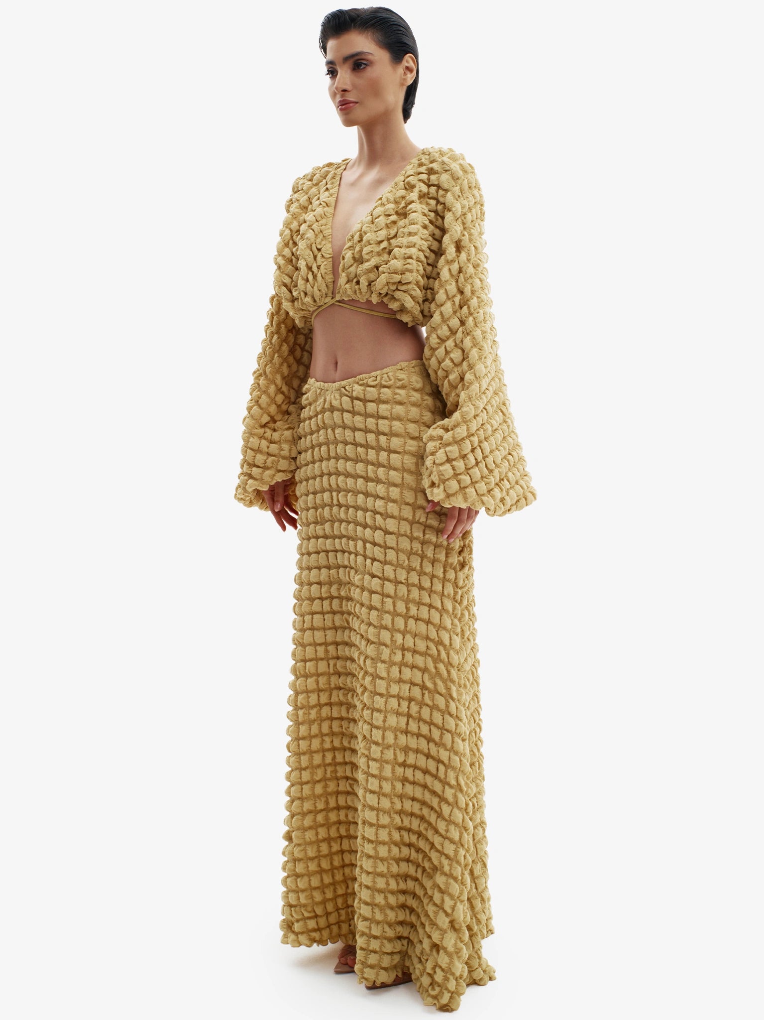 Mustard knit maxi dress, ultimate comfortable luxury, effortless minimalist style.