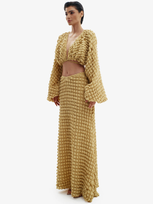 Mustard knit maxi dress, ultimate comfortable luxury, effortless minimalist style.