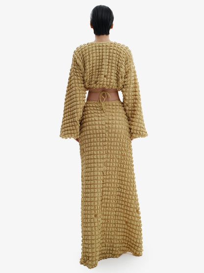 Mustard knit maxi dress, ultimate comfortable luxury, effortless minimalist style.