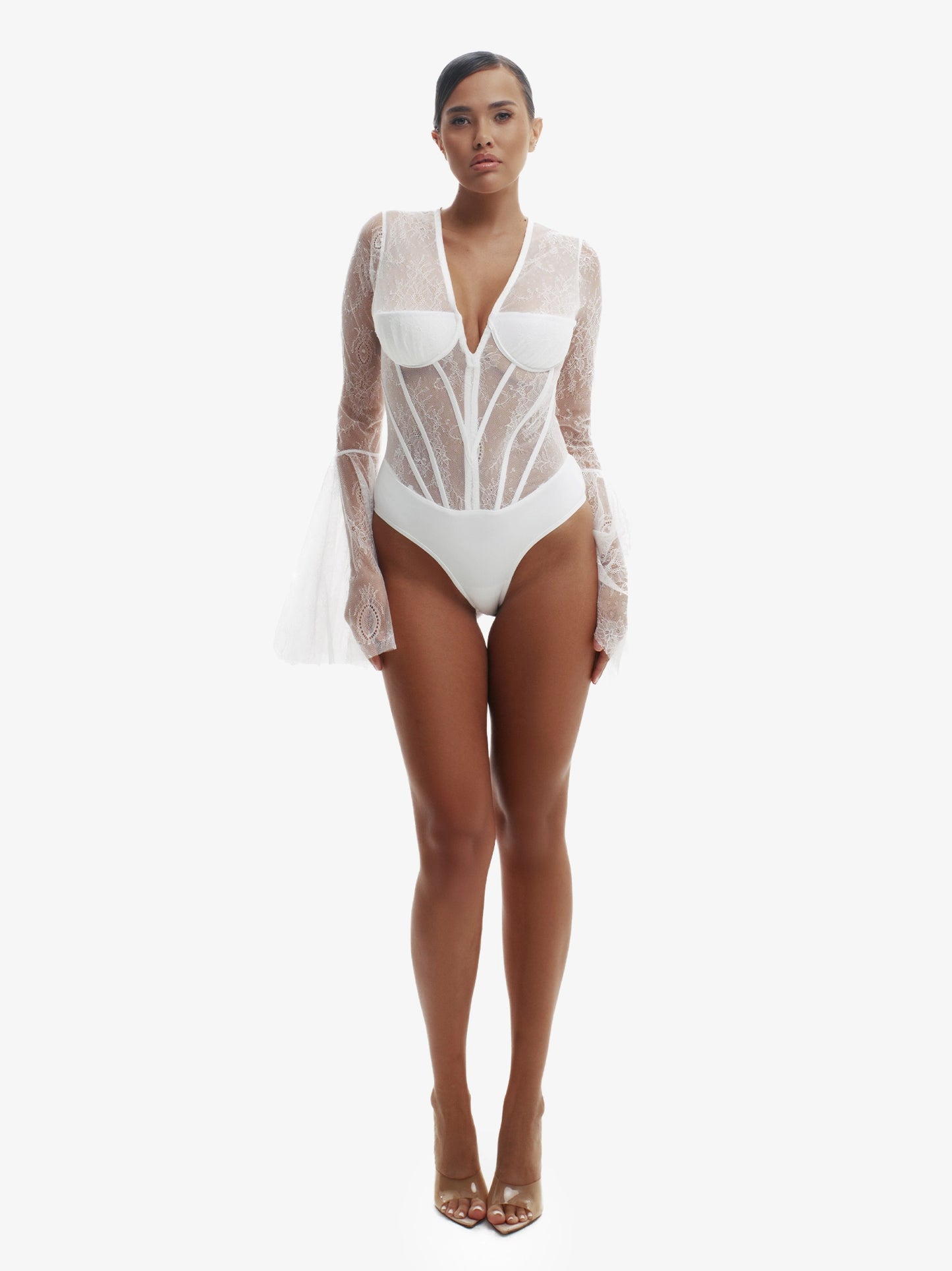 White floral lace bodysuit, daring intimate wear, premium Miruna design.