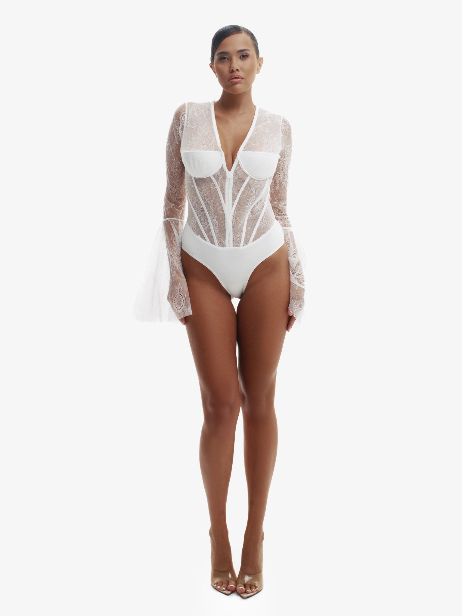 White floral lace bodysuit, daring intimate wear, premium Miruna design.