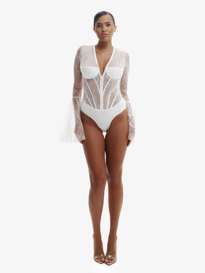 White floral lace bodysuit, daring intimate wear, premium Miruna design.