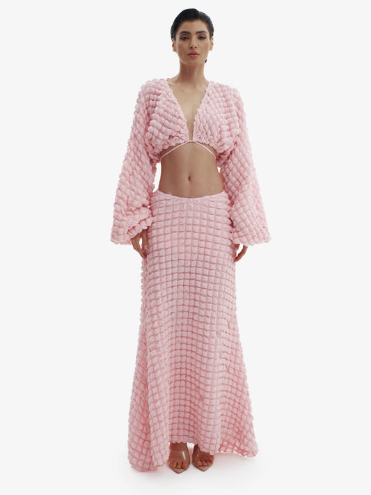 Pink knit maxi dress, ultimate comfortable luxury, effortless minimalist style.