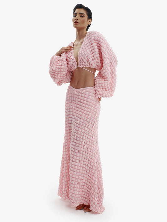 Pink knit maxi dress, ultimate comfortable luxury, effortless minimalist style.