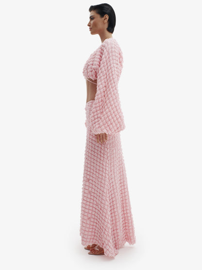 Pink knit maxi dress, ultimate comfortable luxury, effortless minimalist style.