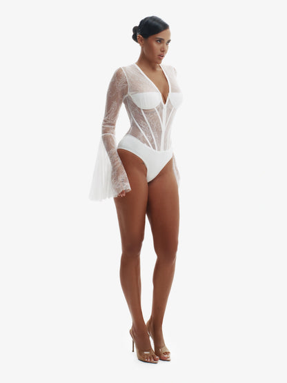 White floral lace bodysuit, daring intimate wear, premium Miruna design.