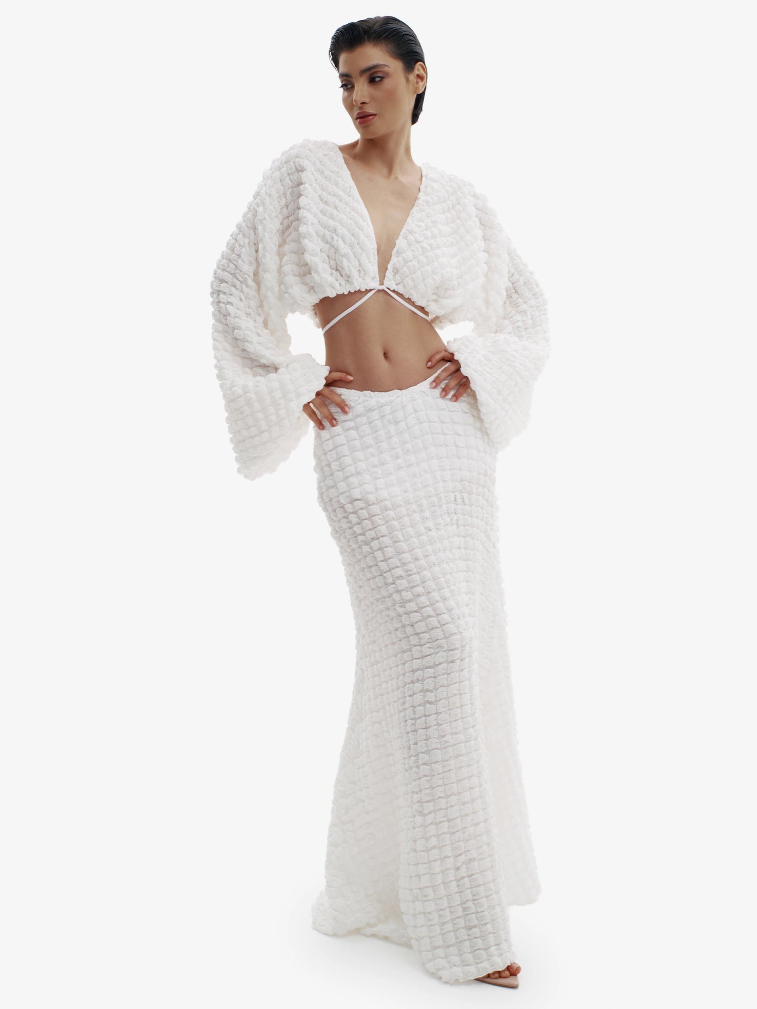 White knit maxi dress, ultimate comfortable luxury, effortless minimalist style.