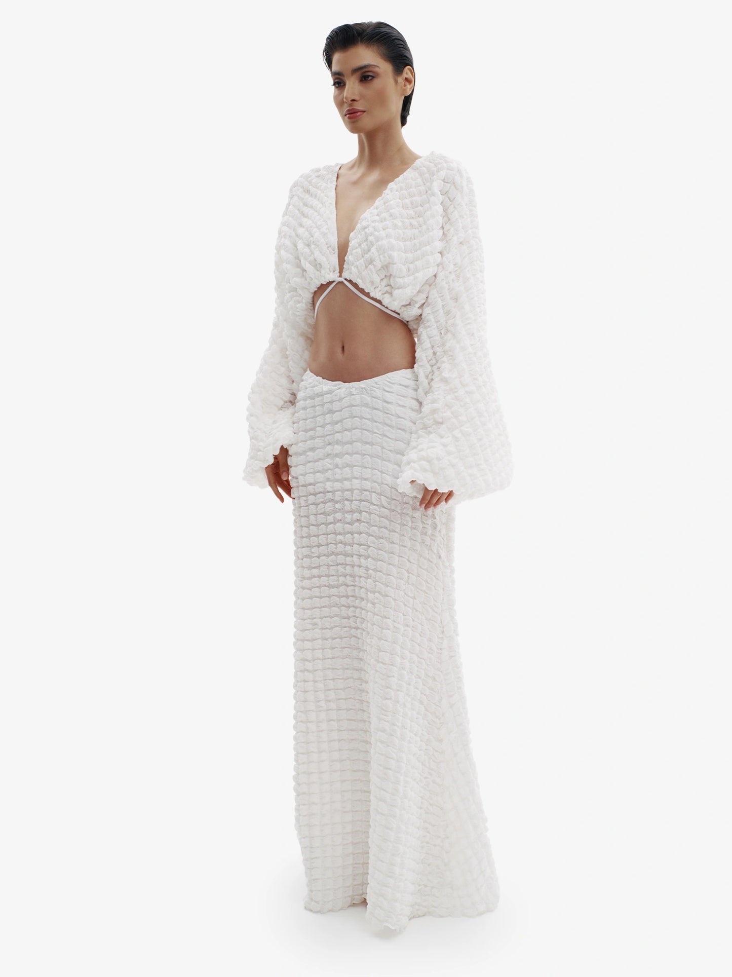 White knit maxi dress, ultimate comfortable luxury, effortless minimalist style.