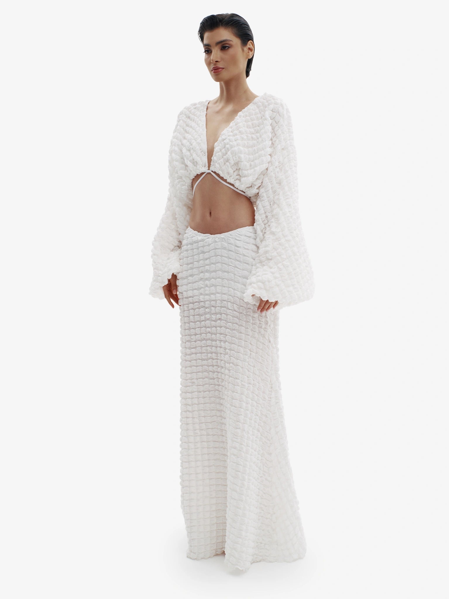 White knit maxi dress, ultimate comfortable luxury, effortless minimalist style.