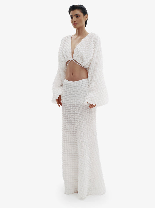 White knit maxi dress, ultimate comfortable luxury, effortless minimalist style.