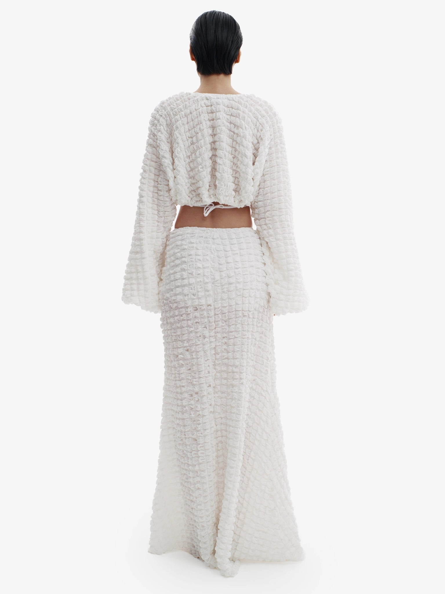 White knit maxi dress, ultimate comfortable luxury, effortless minimalist style.