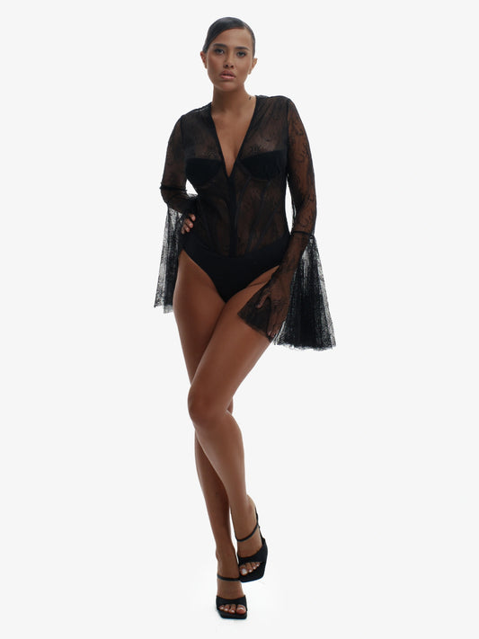 Black floral lace bodysuit, daring intimate wear, premium Miruna design.