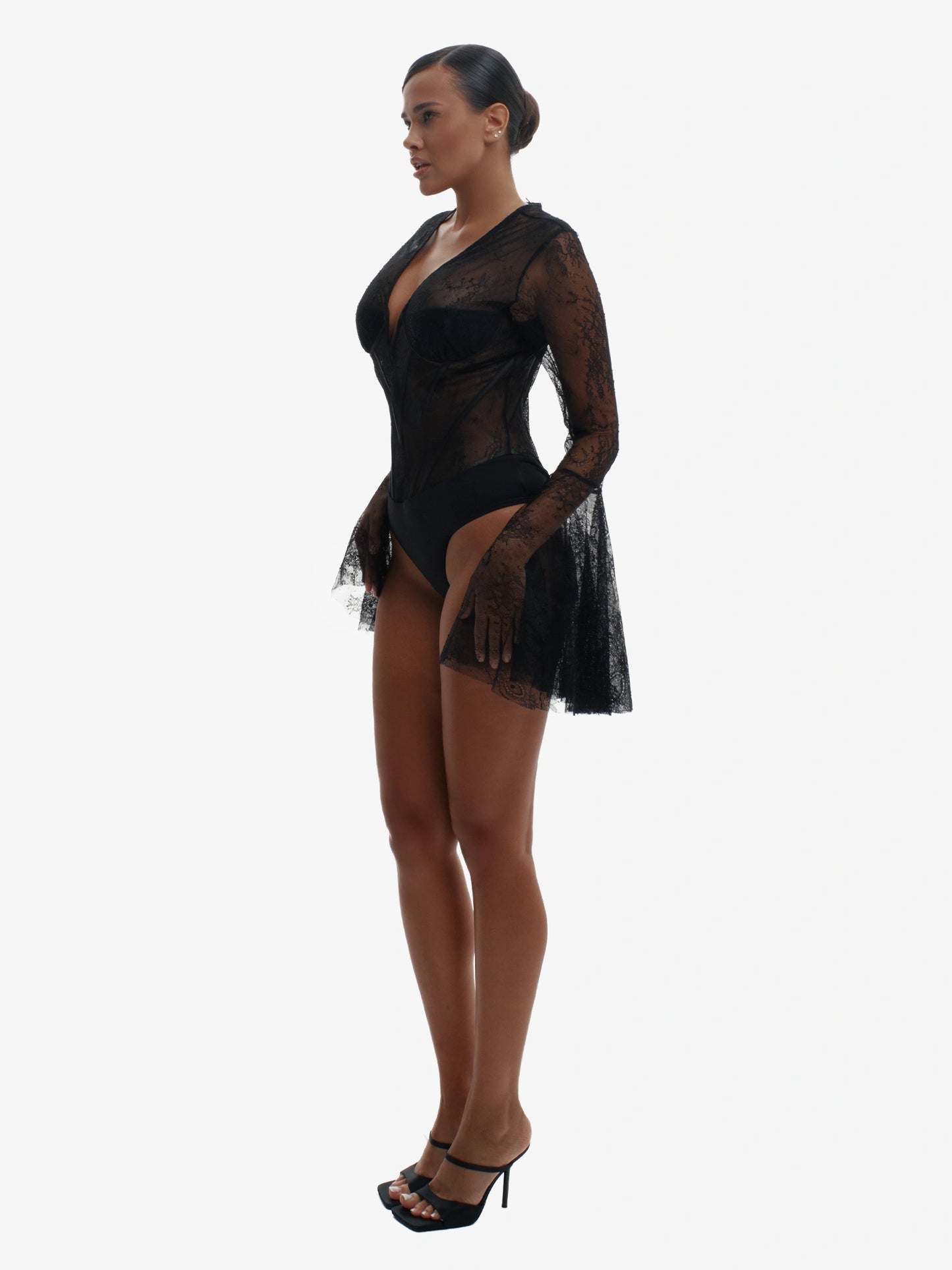 Black floral lace bodysuit, daring intimate wear, premium Miruna design.