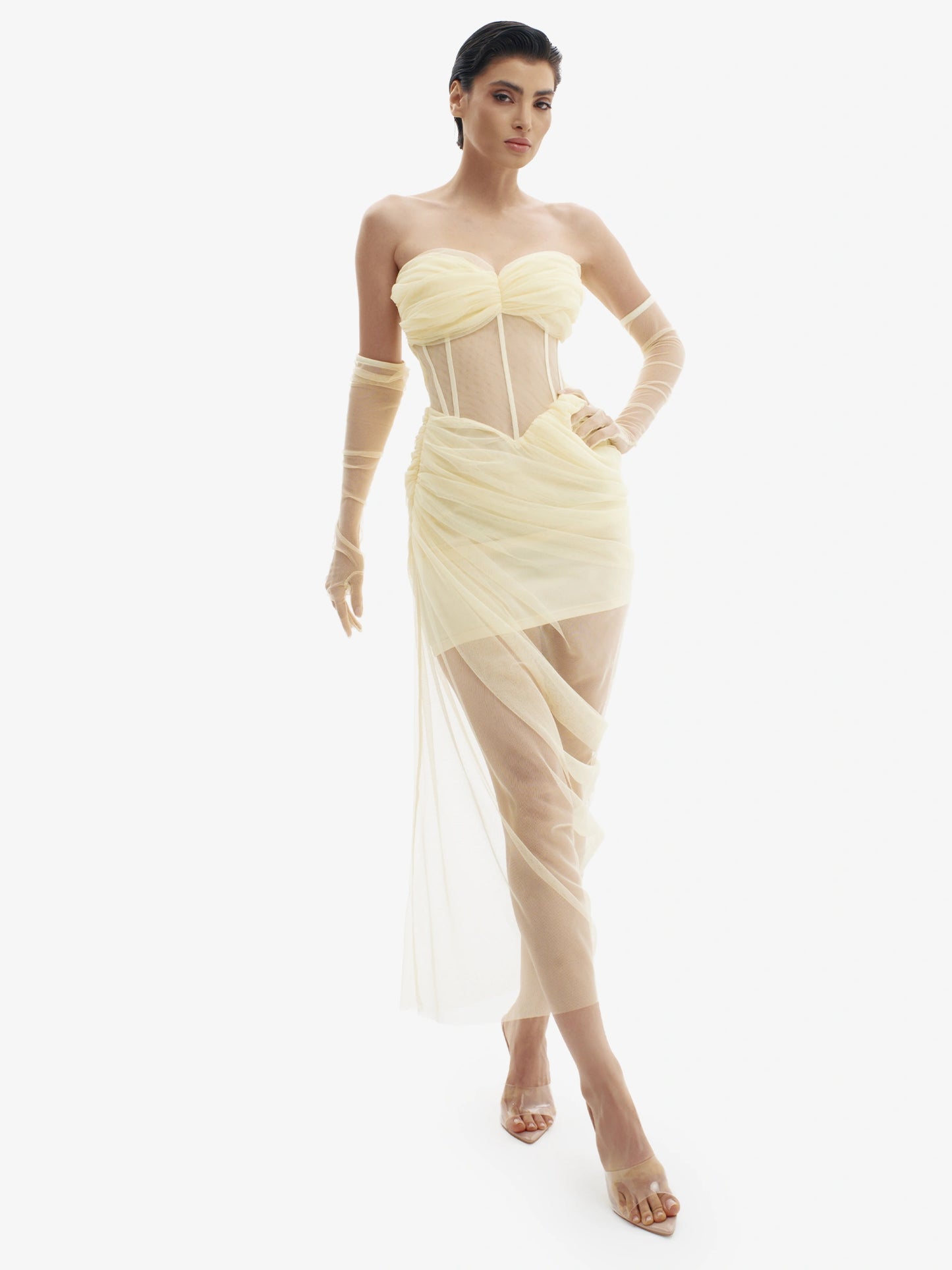 Pastel Yellow corset dress with beautiful draping, sensual structure, premium occasion wear.