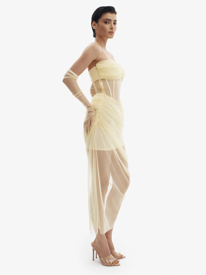Pastel Yellow corset dress with beautiful draping, sensual structure, premium occasion wear.
