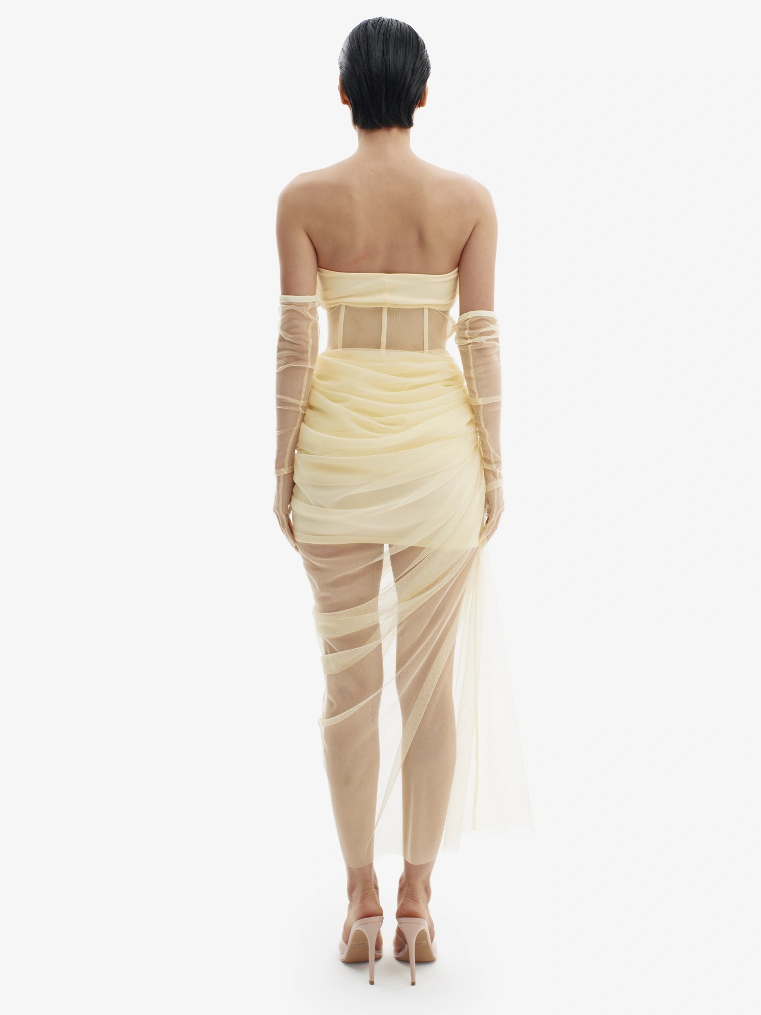 Pastel Yellow corset dress with beautiful draping, sensual structure, premium occasion wear.