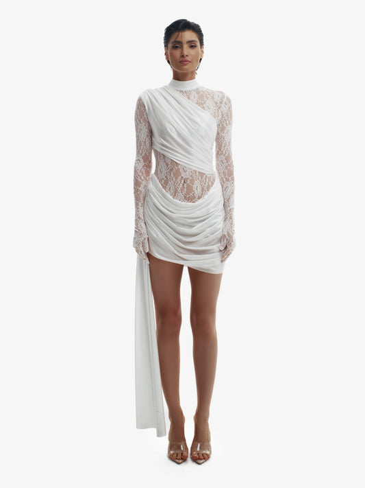 White sensual high-fashion dress, bold minimalist elegance, quiet luxury.