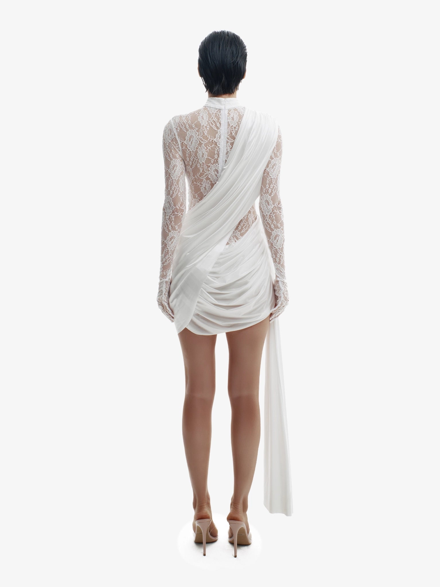 White sensual high-fashion dress, bold minimalist elegance, quiet luxury.