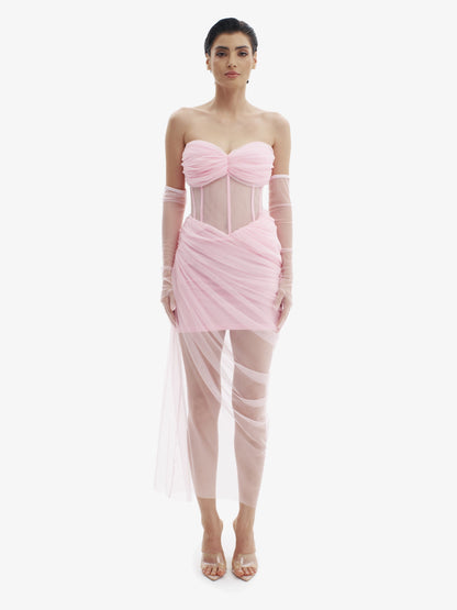Pastel Pink corset dress with beautiful draping, sensual structure, premium occasion wear.