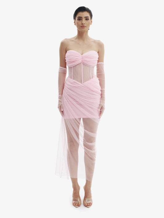 Pastel Pink corset dress with beautiful draping, sensual structure, premium occasion wear.