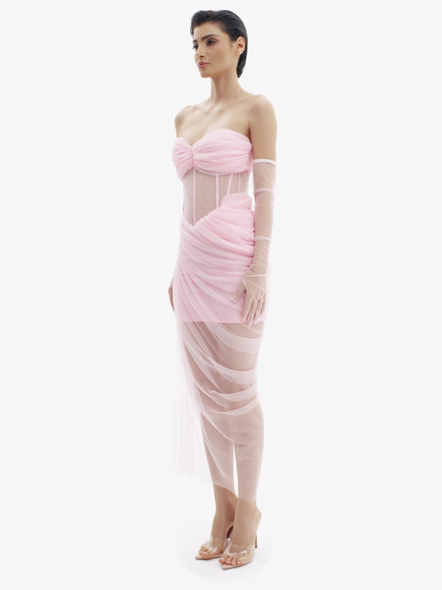 Pastel Pink corset dress with beautiful draping, sensual structure, premium occasion wear.