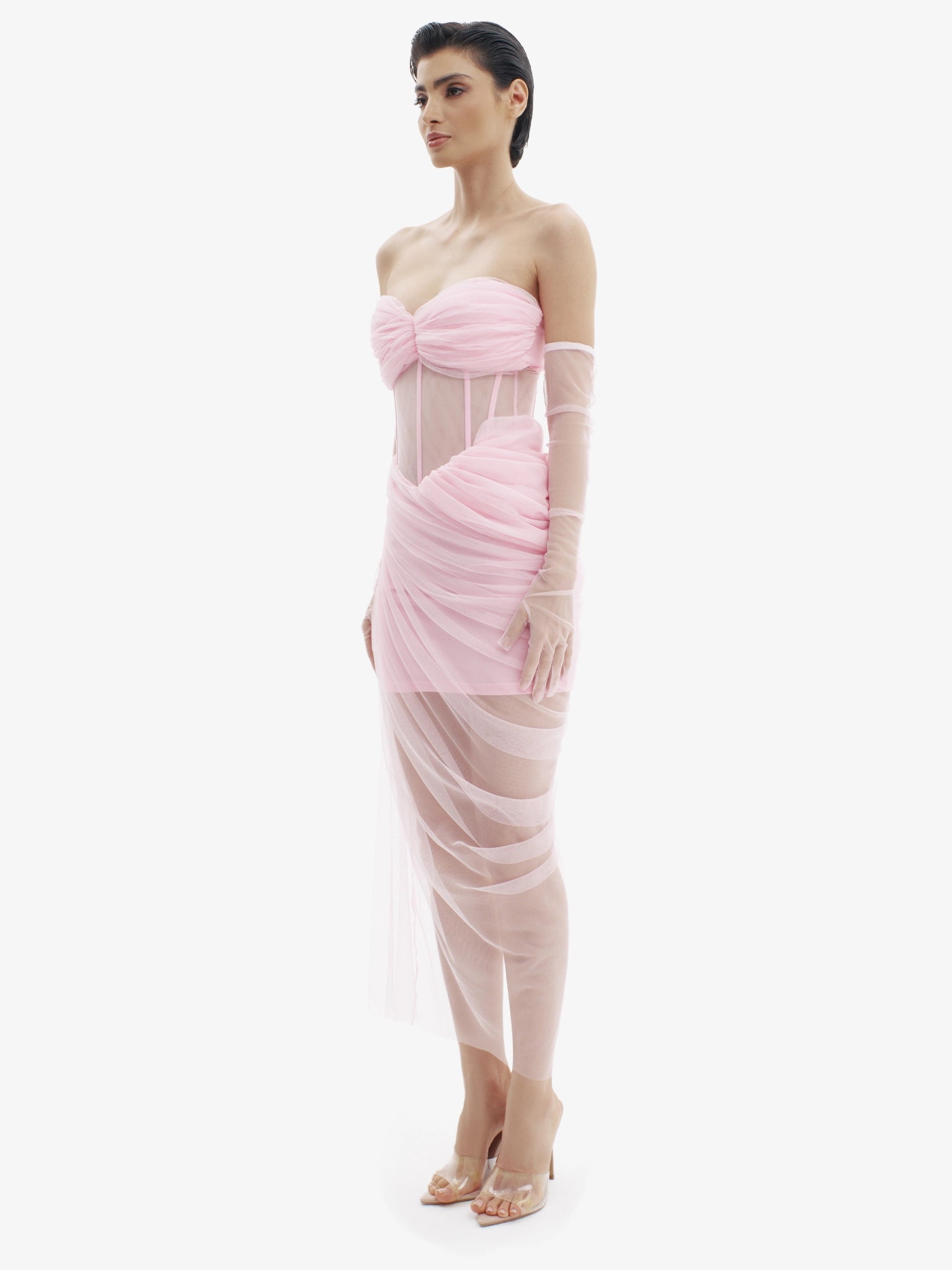 Pastel Pink corset dress with beautiful draping, sensual structure, premium occasion wear.