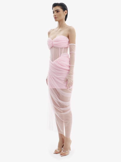 Pastel Pink corset dress with beautiful draping, sensual structure, premium occasion wear.