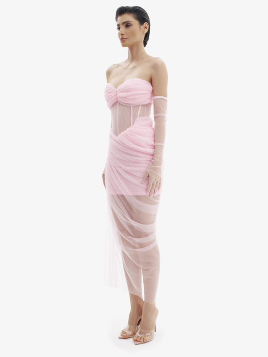 Pastel Pink corset dress with beautiful draping, sensual structure, premium occasion wear.