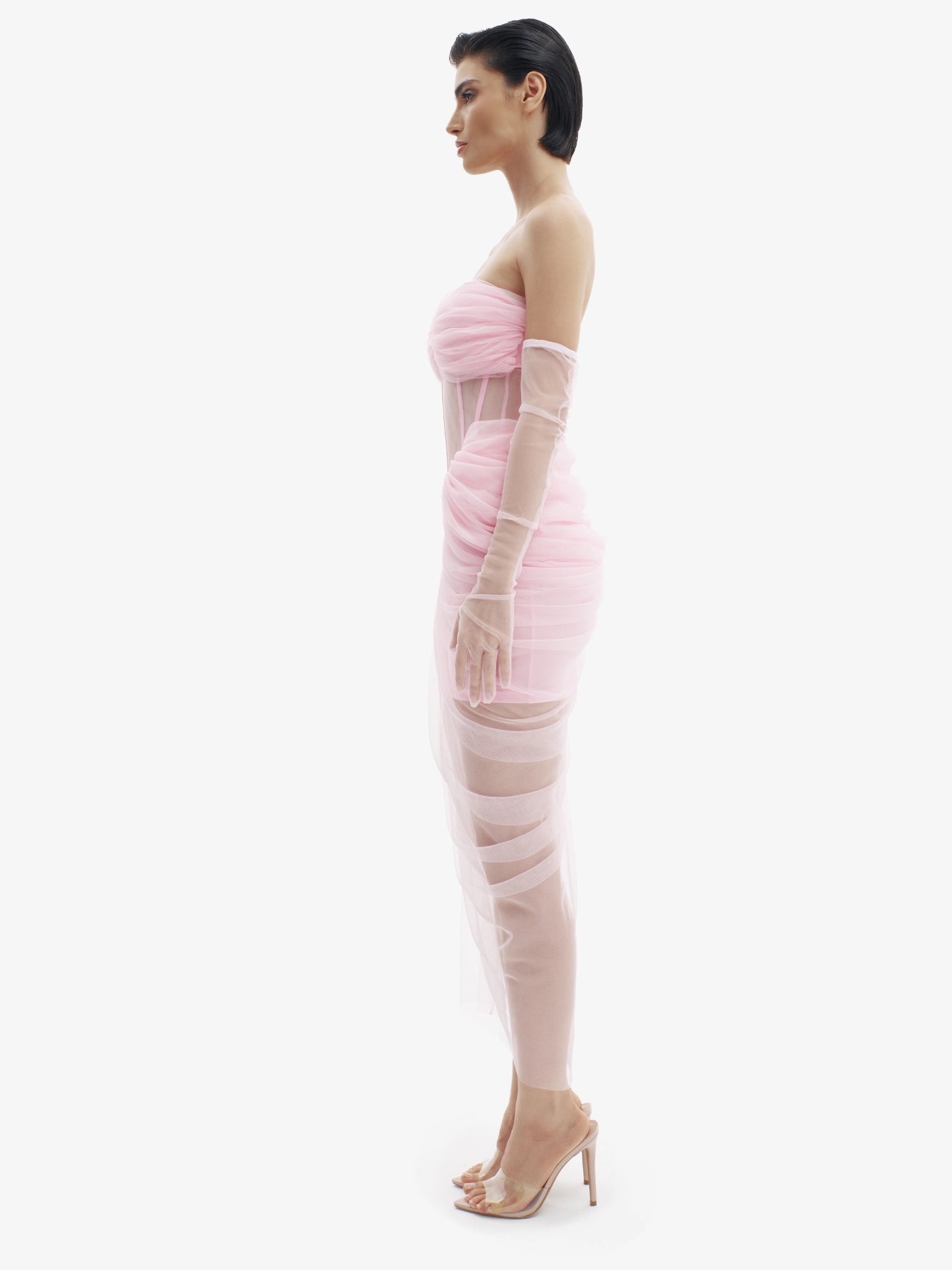 Pastel Pink corset dress with beautiful draping, sensual structure, premium occasion wear.