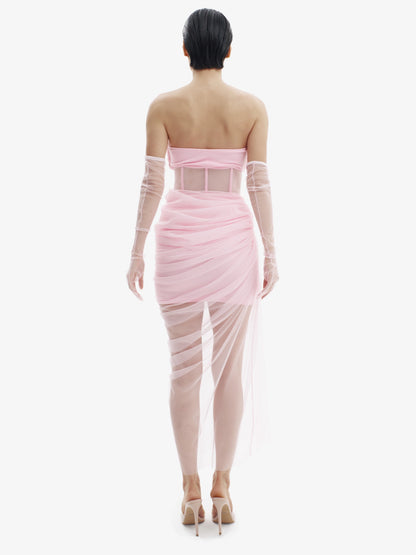Pastel Pink corset dress with beautiful draping, sensual structure, premium occasion wear.