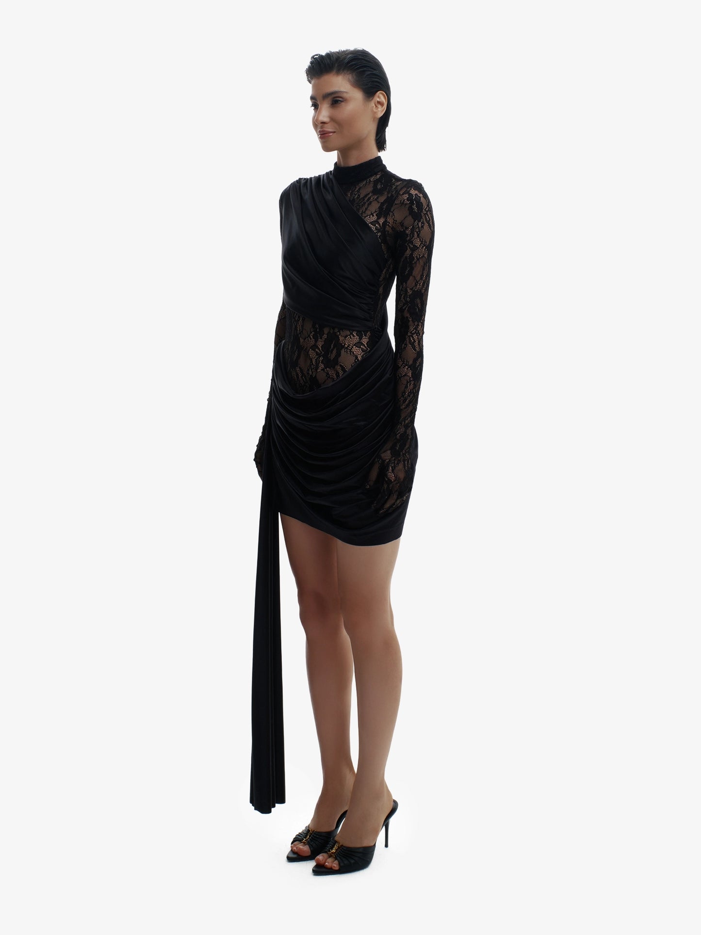 Black sensual high-fashion dress, bold minimalist elegance, quiet luxury.