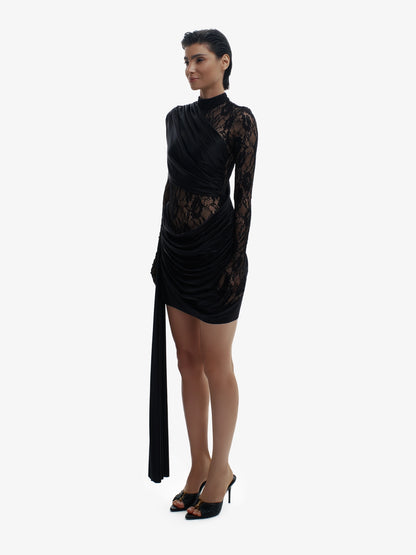 Black sensual high-fashion dress, bold minimalist elegance, quiet luxury.
