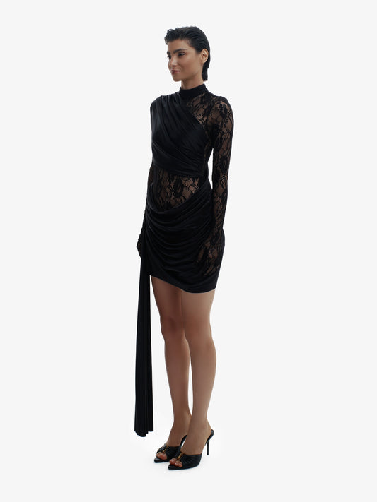 Black sensual high-fashion dress, bold minimalist elegance, quiet luxury.