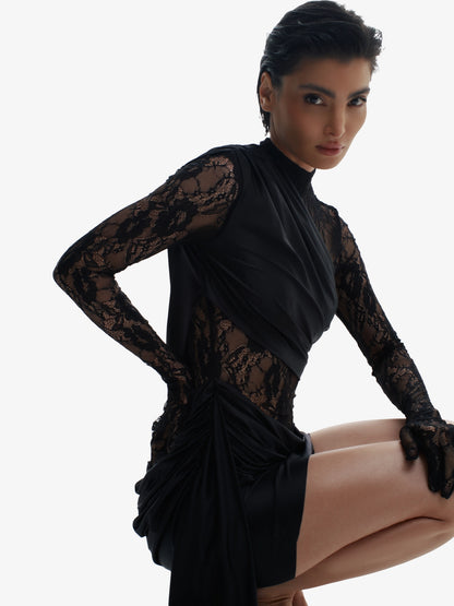 Black sensual high-fashion dress, bold minimalist elegance, quiet luxury.