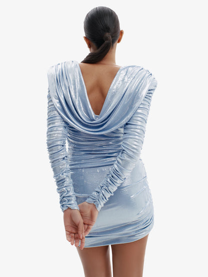 Blue Silver high-shine stretch dress, effortless drama, comfortable luxury style.