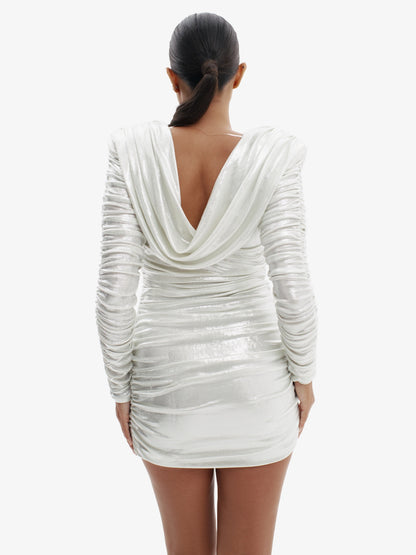 Silver high-shine stretch dress, effortless drama, comfortable luxury style.