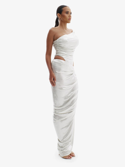 Silver fluid metallic co-ord set, unapologetically bold, luxury statement fashion.