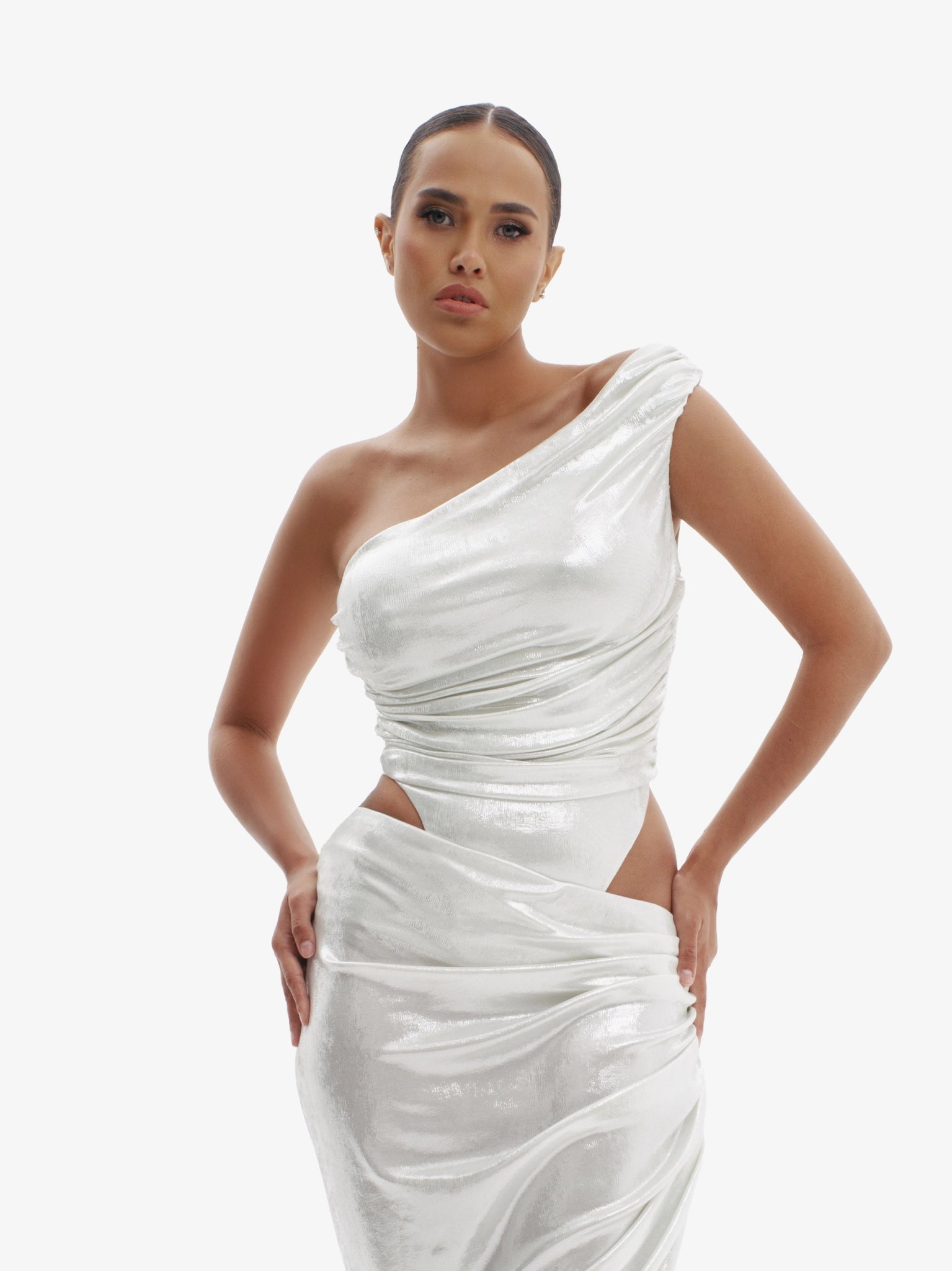 Silver fluid metallic co-ord set, unapologetically bold, luxury statement fashion.