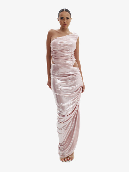 Rose Silver fluid metallic co-ord set, unapologetically bold, luxury statement fashion.