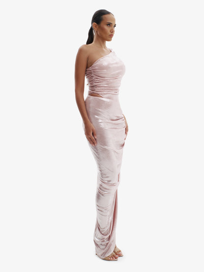 Rose Silver fluid metallic co-ord set, unapologetically bold, luxury statement fashion.