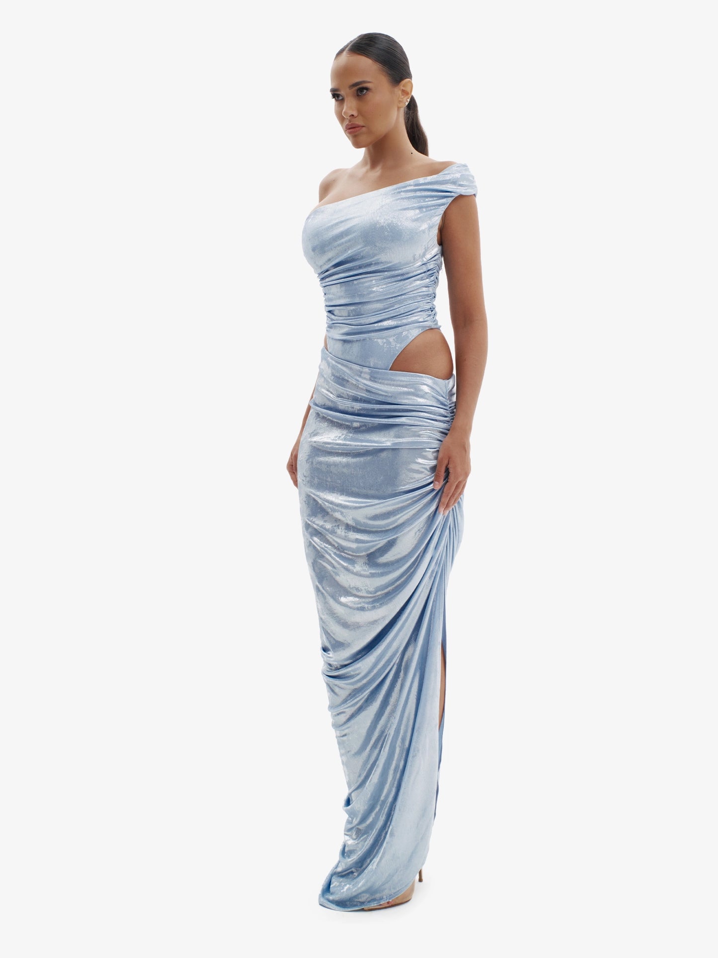 Blue Silver fluid metallic co-ord set, unapologetically bold, luxury statement fashion.