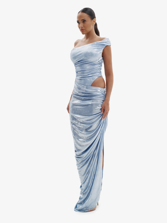 Blue Silver fluid metallic co-ord set, unapologetically bold, luxury statement fashion.