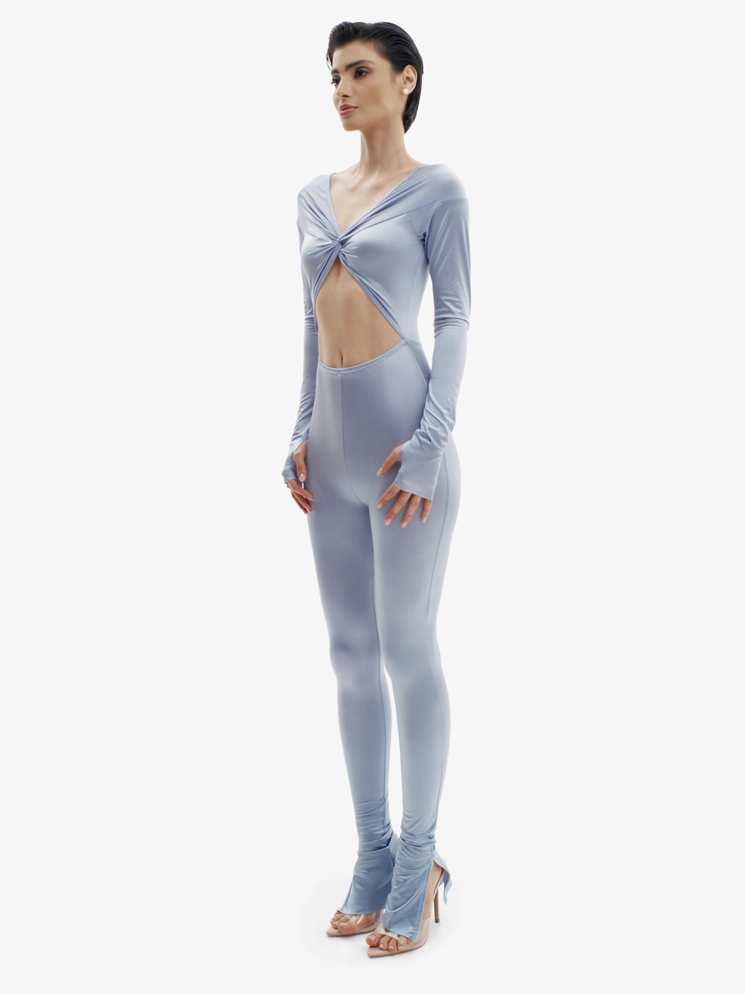 Pastel Blue statement jumpsuit, unapologetic style, confident luxury fashion.